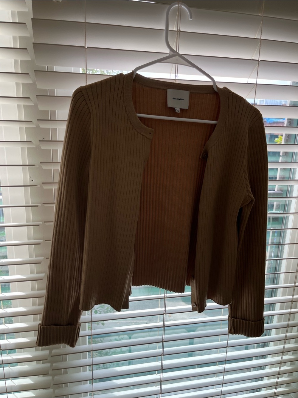 Reformation Ribbed Crewneck Cardigan - Tan